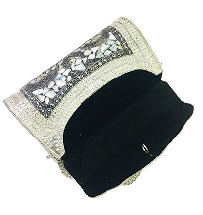 Trend Overseas Women's Silver shell nacre stone bag ethnic clutch indian antique purse mosaic bag metal bag