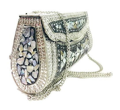 Trend Overseas Women's Silver shell nacre stone bag ethnic clutch indian antique purse mosaic bag metal bag