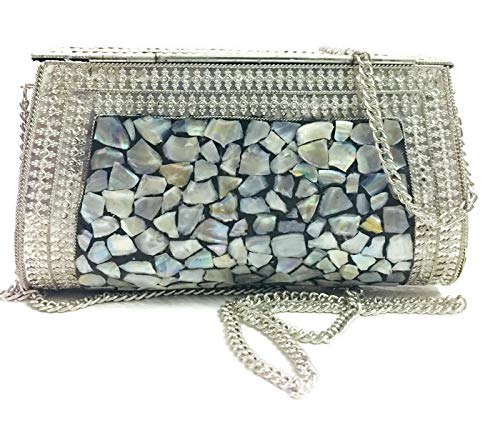 Trend Overseas Women's Silver shell nacre stone bag ethnic clutch indian antique purse mosaic bag metal bag