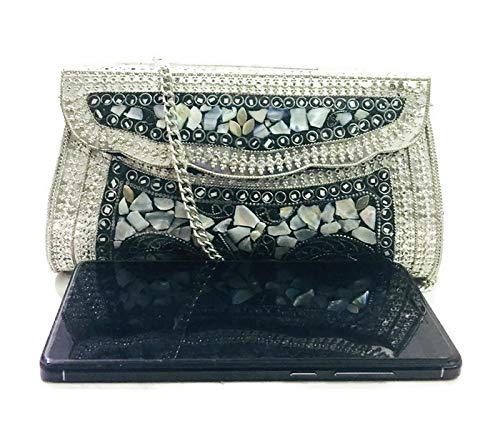 Trend Overseas Women's Silver shell nacre stone bag ethnic clutch indian antique purse mosaic bag metal bag