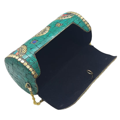 Trend Overseas Handmade Mosaic Multi color Stone Clutch Cylindrical Round Ethnic bag Antique Bridal Sling Bag Crossbody Bag