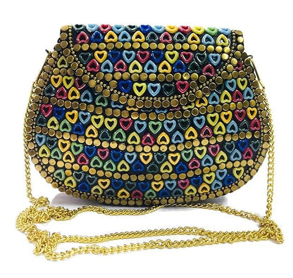 Trend Overseas Multicolor Resin heart bag Women/Girls Bridal clutch party sling bag mosaic metal bag antique ethnic clutch Indian purse party clutch