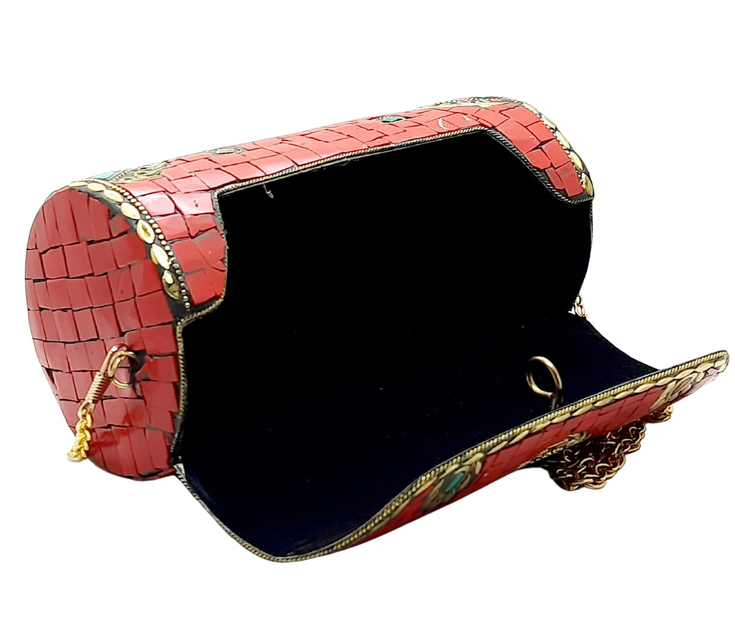 Trend Overseas Handmade Mosaic Multi color Stone Clutch Cylindrical Round Ethnic bag Antique Bridal Sling Bag Crossbody Bag