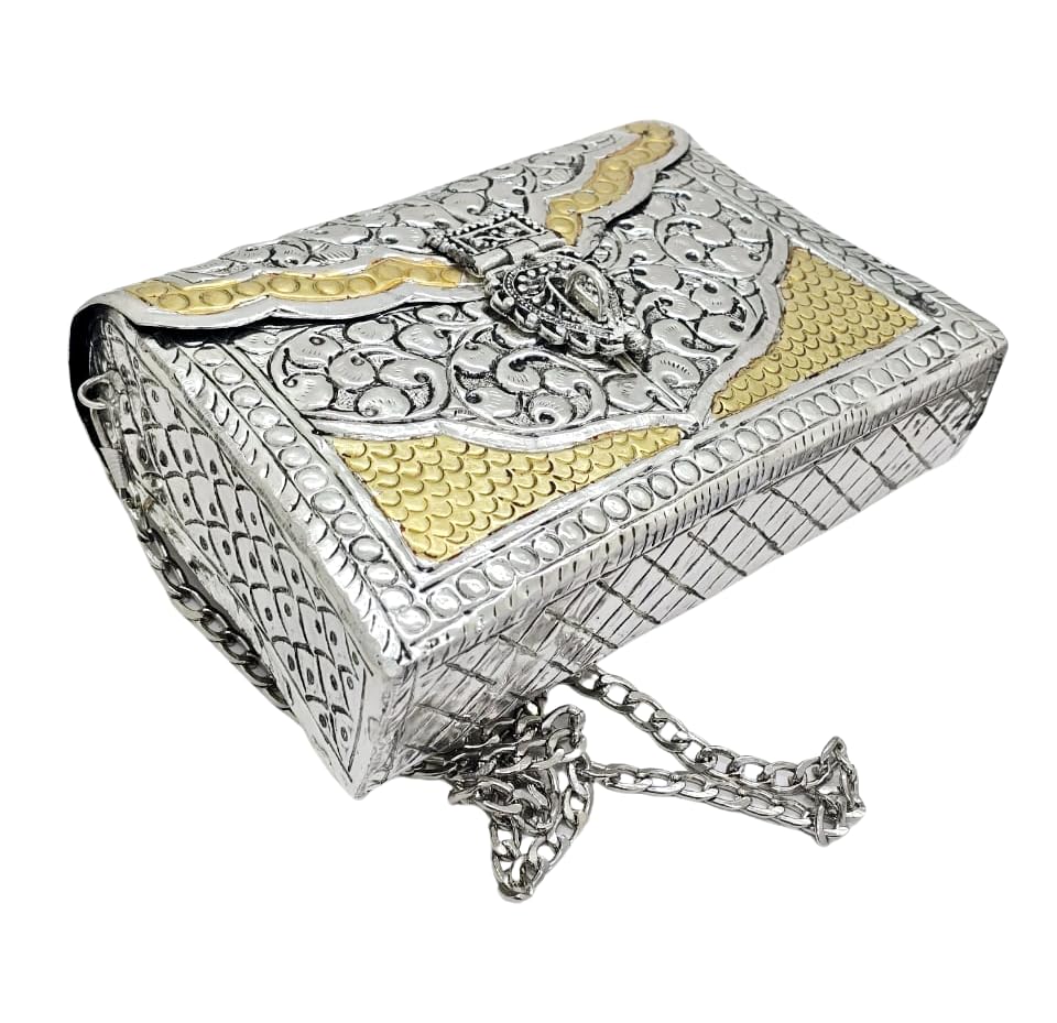 Trend Overseas Women Silver Bridal Metal Clutch Antique Hand Carving Bag Bridal Bag