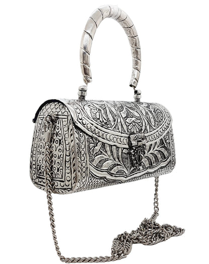 Trend Overseas Women's Silver Brass Metal Handle Clutch Handmade Antique Ethnic Hand Clutch