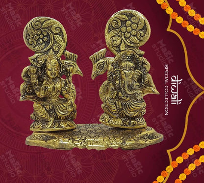 Trend Overseas Antique Golden Metal Laxmi Ganesh Murti Idol Metal Lakshmi Ganesha Showpiece Statue for Diwali Puja Homedecor