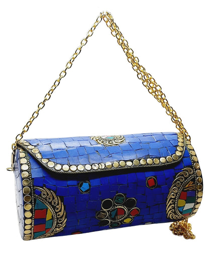 Trend Overseas Handmade Mosaic Multi color Stone Clutch Cylindrical Round Ethnic bag Antique Bridal Sling Bag Crossbody Bag