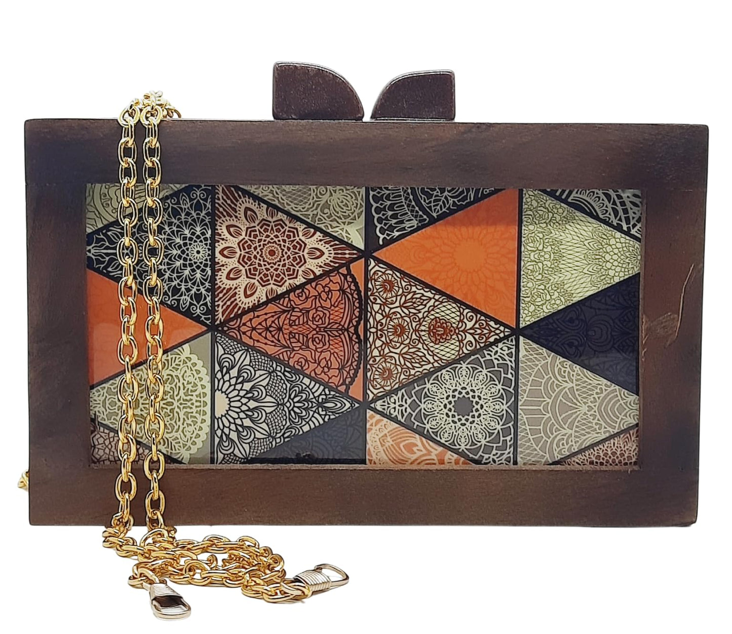 Trend Overseas Women's Wooden Printed Rectangle Ethnic Clutch Bag/Bridal Purse/Handbag_Crossbody Sling Bags Detachable Chain for Bridal, Party Bag