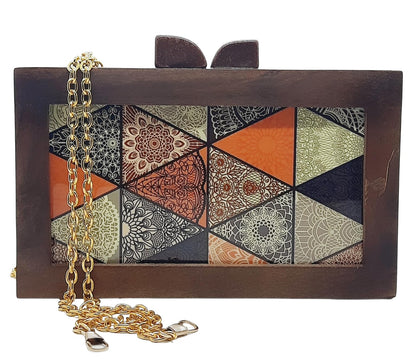 Trend Overseas Women's Wooden Printed Rectangle Ethnic Clutch Bag/Bridal Purse/Handbag_Crossbody Sling Bags Detachable Chain for Bridal, Party Bag