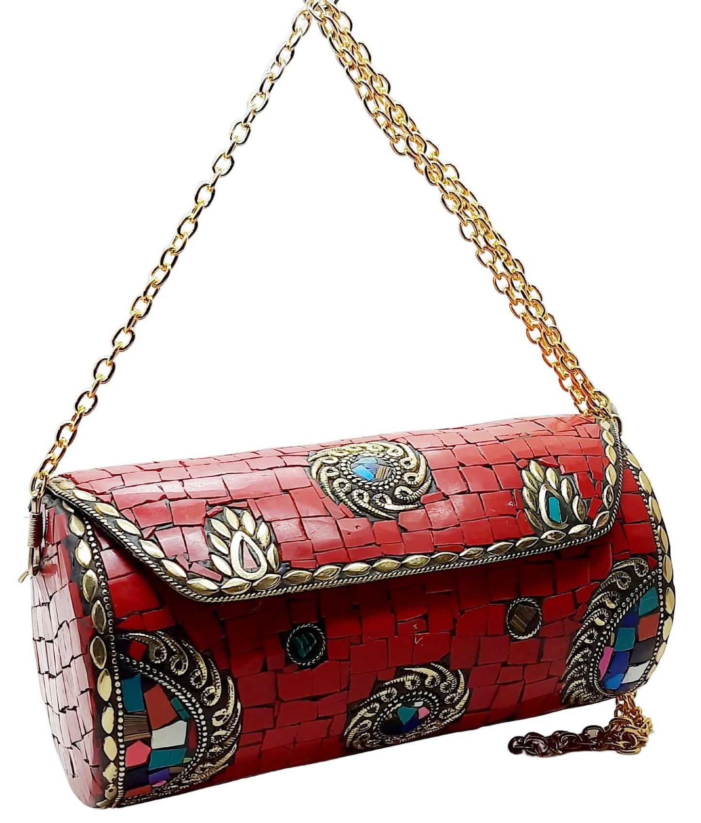 Trend Overseas Handmade Mosaic Multi color Stone Clutch Cylindrical Round Ethnic bag Antique Bridal Sling Bag Crossbody Bag