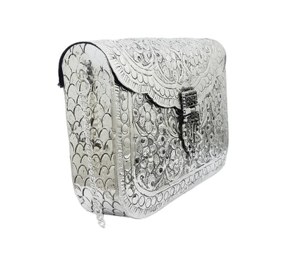 Trend Overseas Women Silver Bridal Metal Clutch Sling Bag Shoulder Bag - Antique Hand Carving Bag Bridal Antique Purse