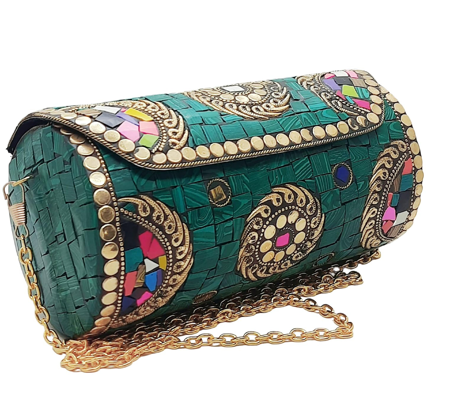 Trend Overseas Handmade Mosaic Multi color Stone Clutch Cylindrical Round Ethnic bag Antique Bridal Sling Bag Crossbody Bag