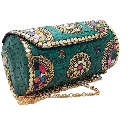 Trend Overseas Handmade Mosaic Multi color Stone Clutch Cylindrical Round Ethnic bag Antique Bridal Sling Bag Crossbody Bag