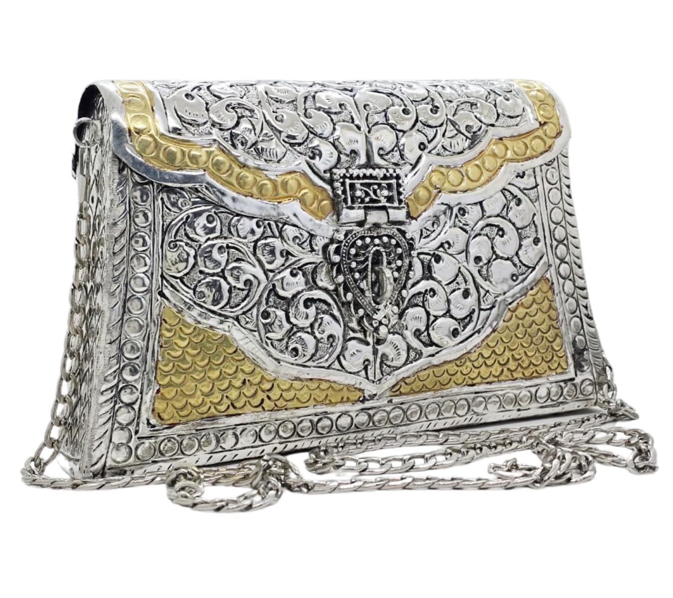 Trend Overseas Women Silver Bridal Metal Clutch Antique Hand Carving Bag Bridal Bag