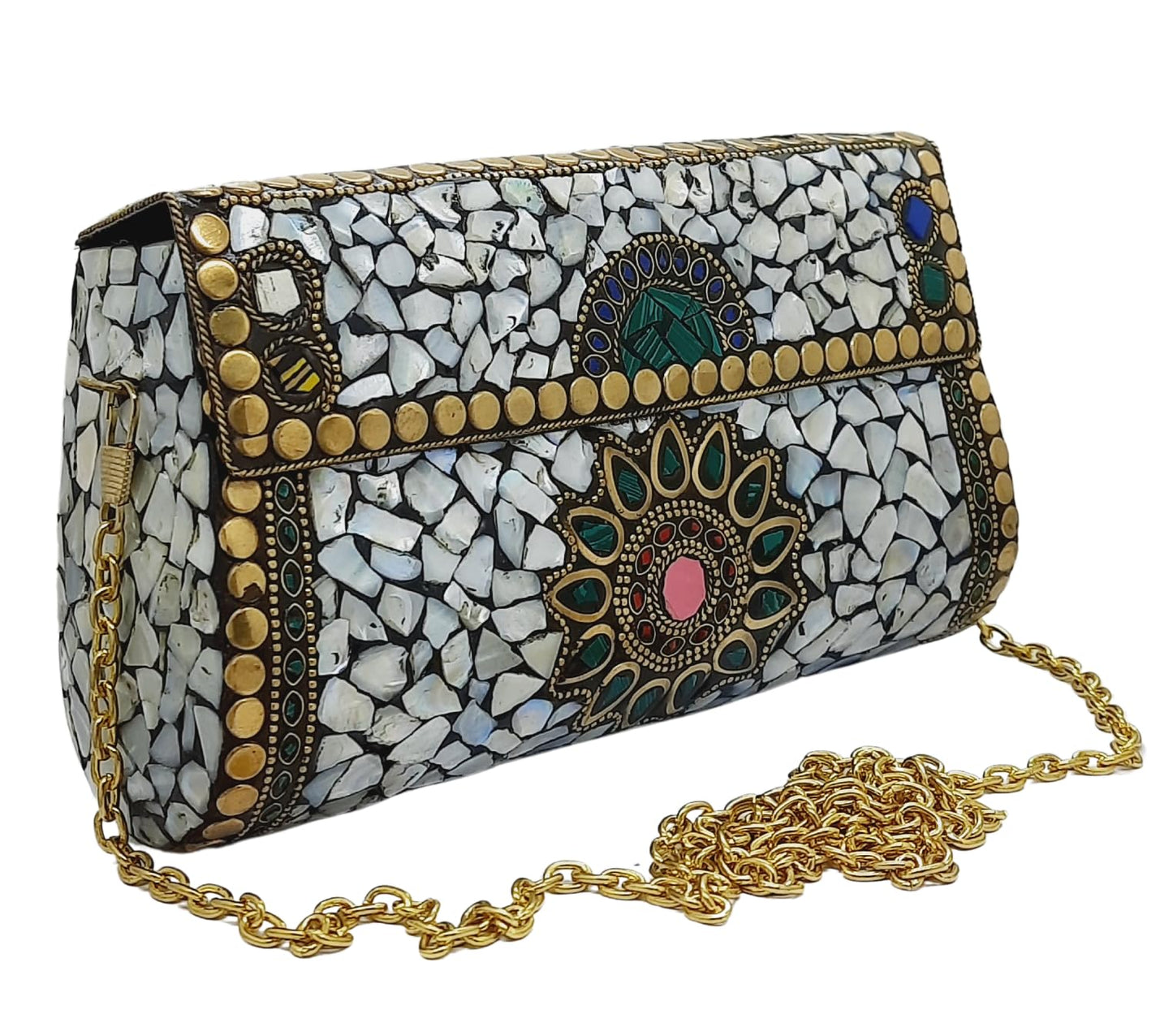 Trend Overseas Handmade mosaic metal bag Stone Ethnic Indian Women/Girls Bridal metal clutch party sling bag