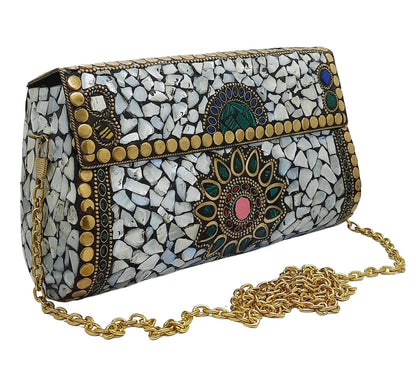 Trend Overseas Handmade mosaic metal bag Stone Ethnic Indian Women/Girls Bridal metal clutch party sling bag