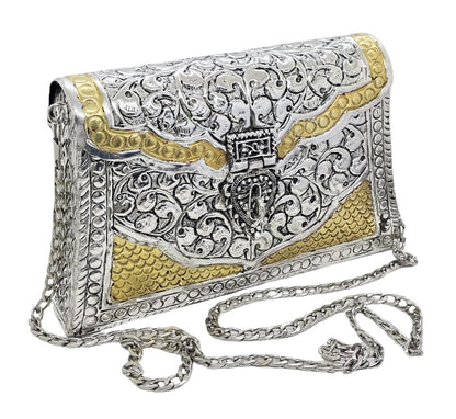 Trend Overseas Women Silver Bridal Metal Clutch Antique Hand Carving Bag Bridal Bag