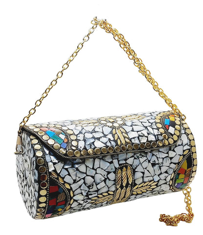 Trend Overseas Handmade Mosaic Multi color Stone Clutch Cylindrical Round Ethnic bag Antique Bridal Sling Bag Crossbody Bag