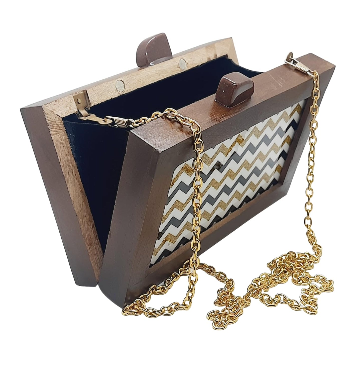 Trend Overseas Women's Wooden Printed Rectangle Ethnic Clutch Bag/Bridal Purse/Handbag_Crossbody Sling Bags Detachable Chain for Bridal, Party Bag