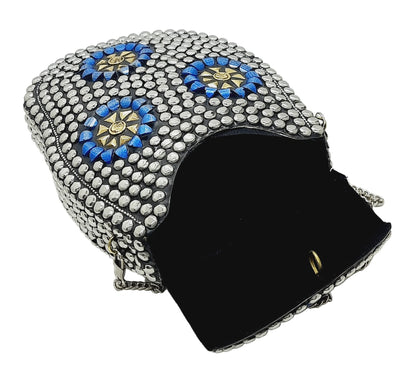 Trend Overseas Silver metal Beaded Ethnic purse Girls Bridal Bag cross body bag for women/Girl party clutch Metal clutches Vintage Brass