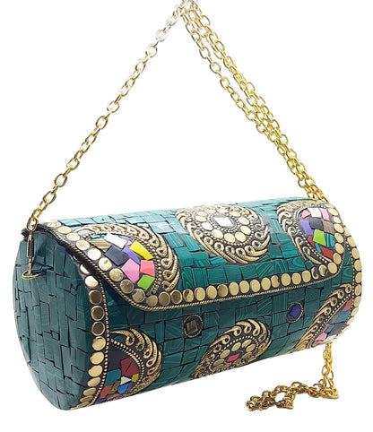 Trend Overseas Handmade Mosaic Multi color Stone Clutch Cylindrical Round Ethnic bag Antique Bridal Sling Bag Crossbody Bag