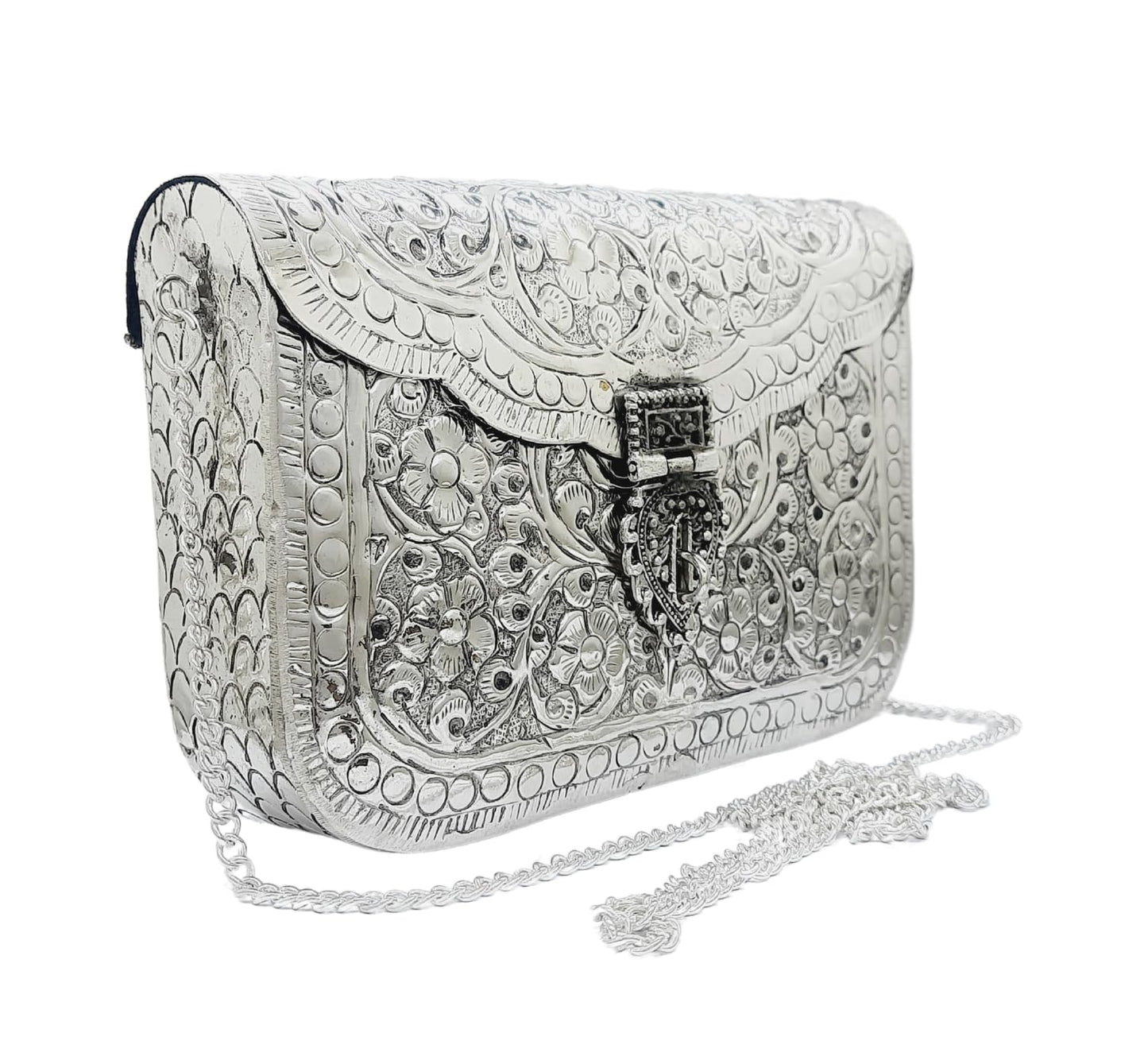 Trend Overseas Women Silver Bridal Metal Clutch Sling Bag Shoulder Bag - Antique Hand Carving Bag Bridal Antique Purse