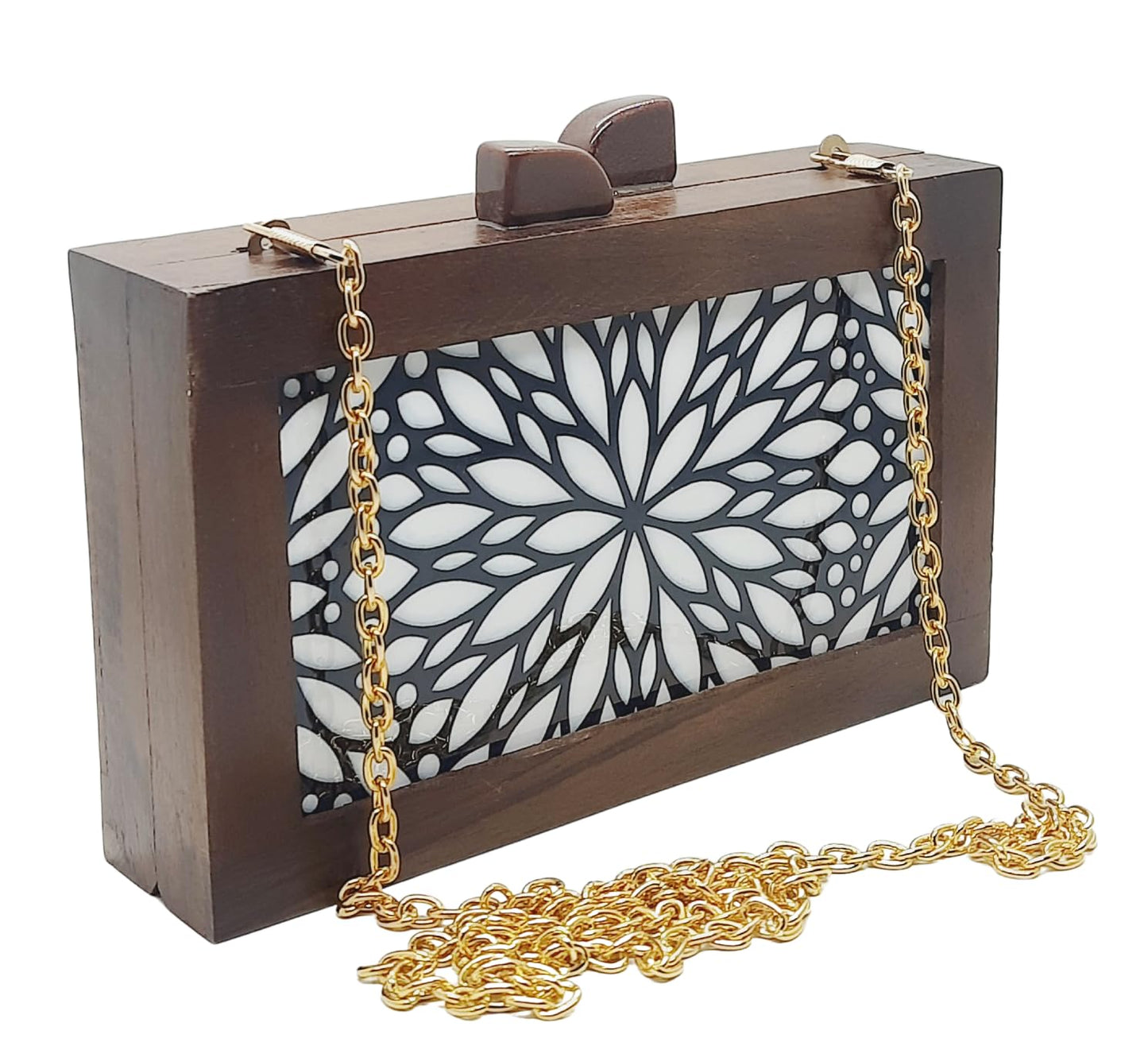 Trend Overseas Women's Wooden Printed Rectangle Ethnic Clutch Bag/Bridal Purse/Handbag_Crossbody Sling Bags Detachable Chain for Bridal, Party Bag