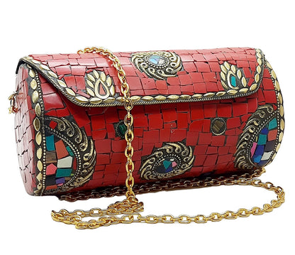 Trend Overseas Handmade Mosaic Multi color Stone Clutch Cylindrical Round Ethnic bag Antique Bridal Sling Bag Crossbody Bag