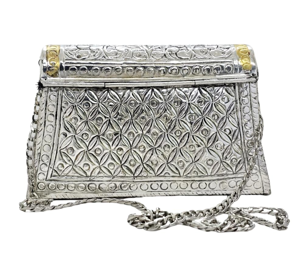 Trend Overseas Women Silver Bridal Metal Clutch Antique Hand Carving Bag Bridal Bag