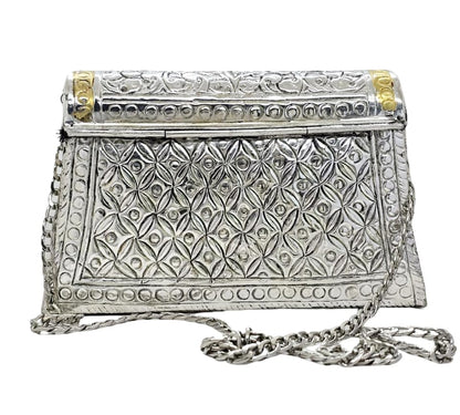 Trend Overseas Women Silver Bridal Metal Clutch Antique Hand Carving Bag Bridal Bag