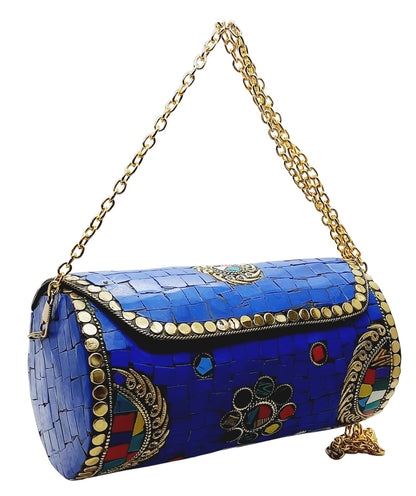 Trend Overseas Handmade Mosaic Multi color Stone Clutch Cylindrical Round Ethnic bag Antique Bridal Sling Bag Crossbody Bag