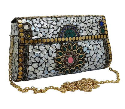 Trend Overseas Handmade mosaic metal bag Stone Ethnic Indian Women/Girls Bridal metal clutch party sling bag