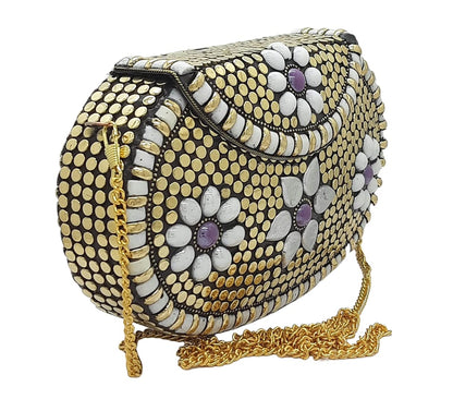 Trend Overseas Multicolor Golden metal Beaded Clutch Girls Bridal Bag for women/Girl party clutch