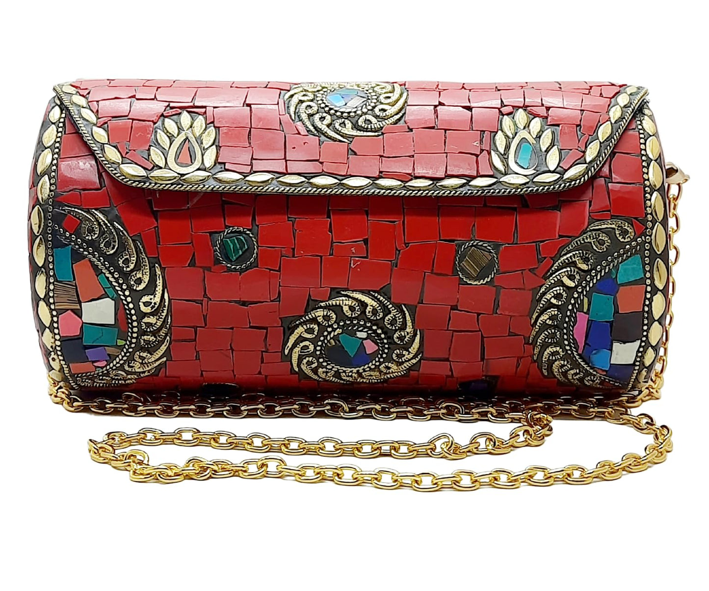 Trend Overseas Handmade Mosaic Multi color Stone Clutch Cylindrical Round Ethnic bag Antique Bridal Sling Bag Crossbody Bag