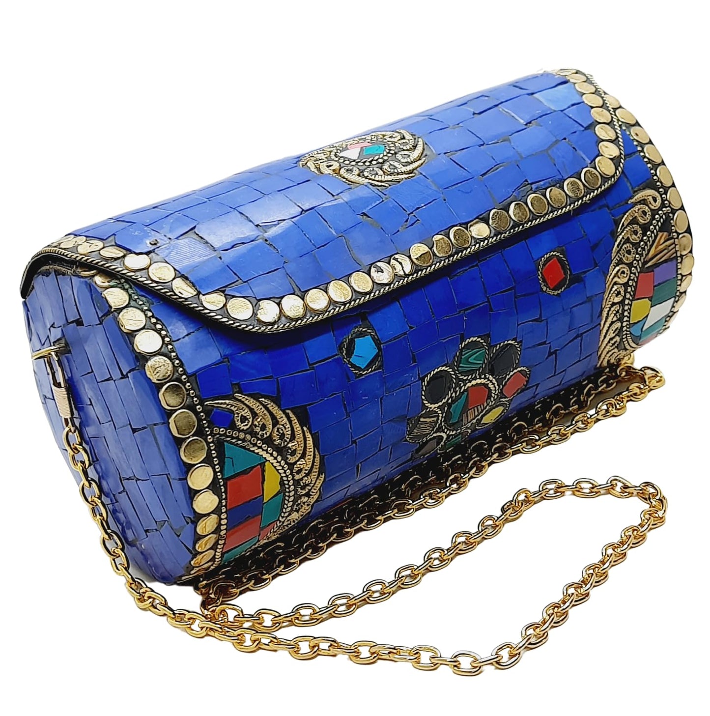 Trend Overseas Handmade Mosaic Multi color Stone Clutch Cylindrical Round Ethnic bag Antique Bridal Sling Bag Crossbody Bag