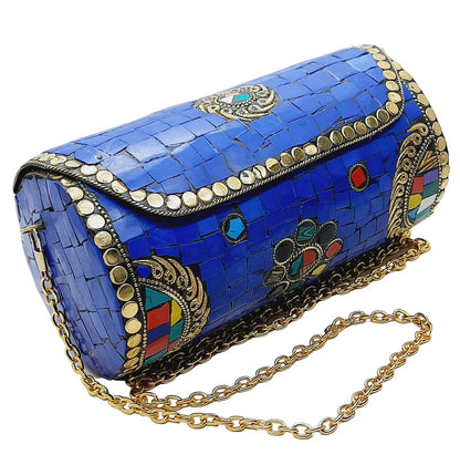 Trend Overseas Handmade Mosaic Multi color Stone Clutch Cylindrical Round Ethnic bag Antique Bridal Sling Bag Crossbody Bag