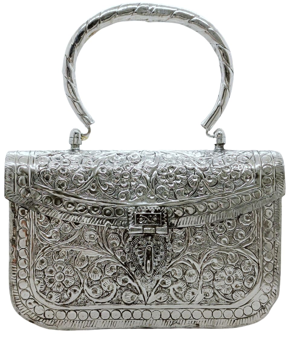 Trend Overseas Handmade Women's Silver Handle Metal Clutch - Beautiful Handcrafted Design, Perfect for Small Accessories