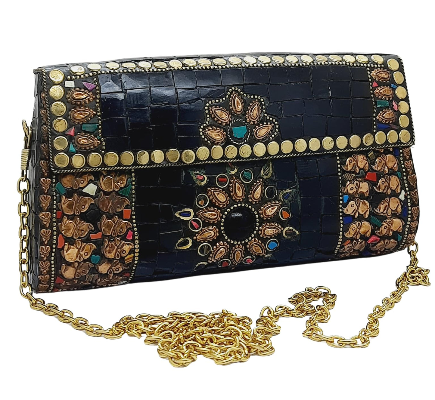 Trend Overseas Handmade mosaic metal bag Stone Ethnic Indian Women/Girls Bridal metal clutch party sling bag