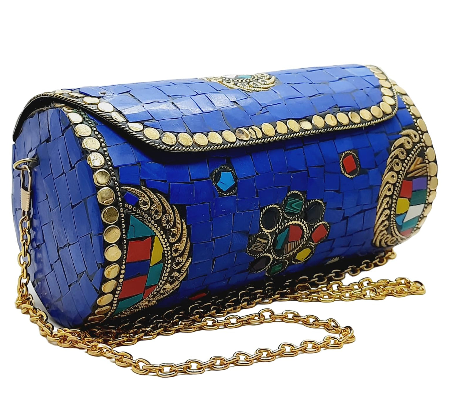 Trend Overseas Handmade Mosaic Multi color Stone Clutch Cylindrical Round Ethnic bag Antique Bridal Sling Bag Crossbody Bag