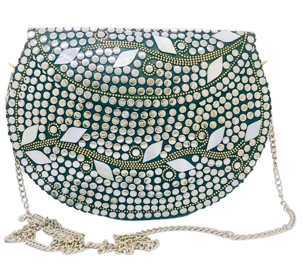 Trend Overseas Silver metal Beaded Ethnic purse Girls Bridal Bag cross body bag for women/Girl party clutch Metal clutches Vintage Brass