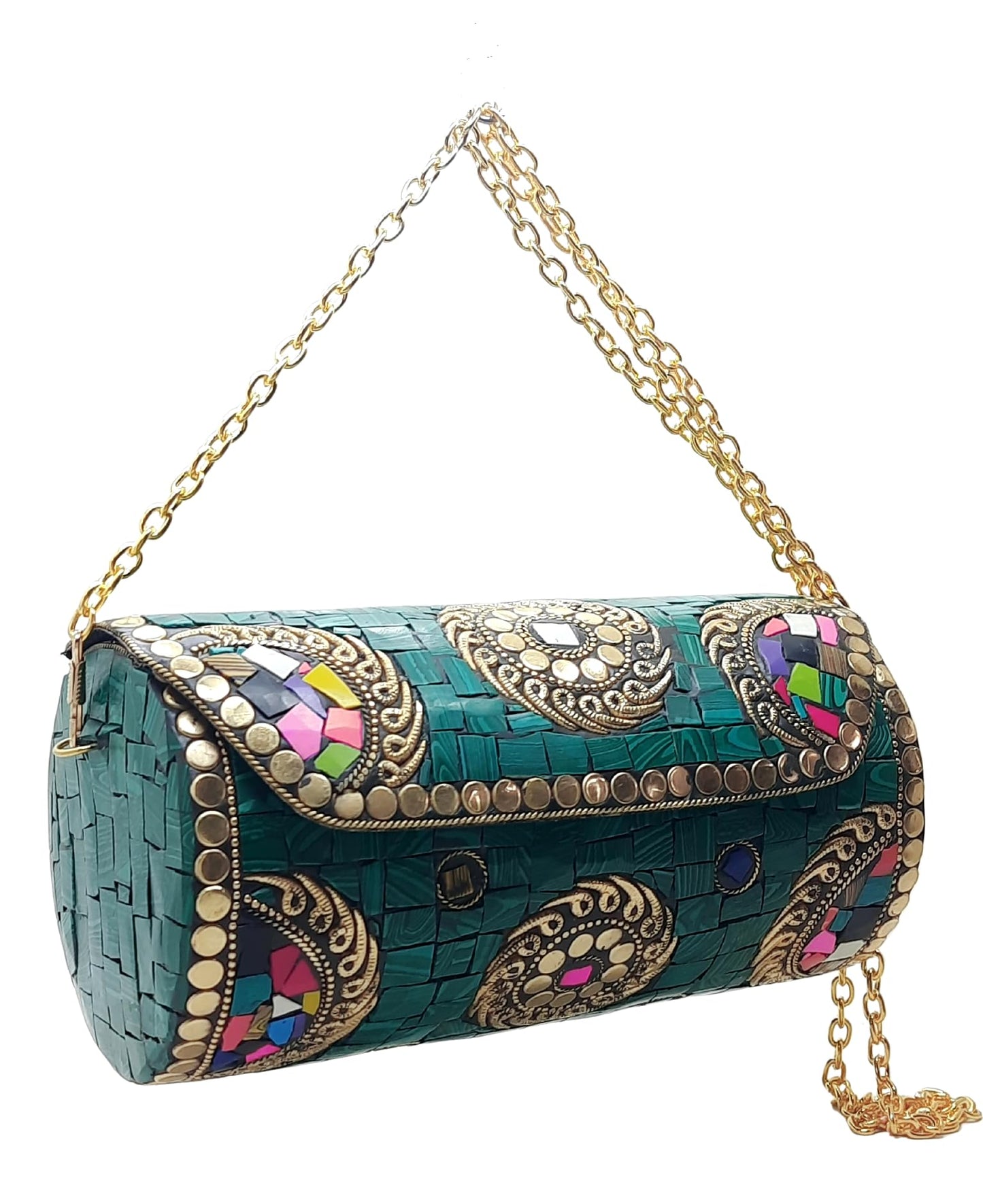 Trend Overseas Handmade Mosaic Multi color Stone Clutch Cylindrical Round Ethnic bag Antique Bridal Sling Bag Crossbody Bag