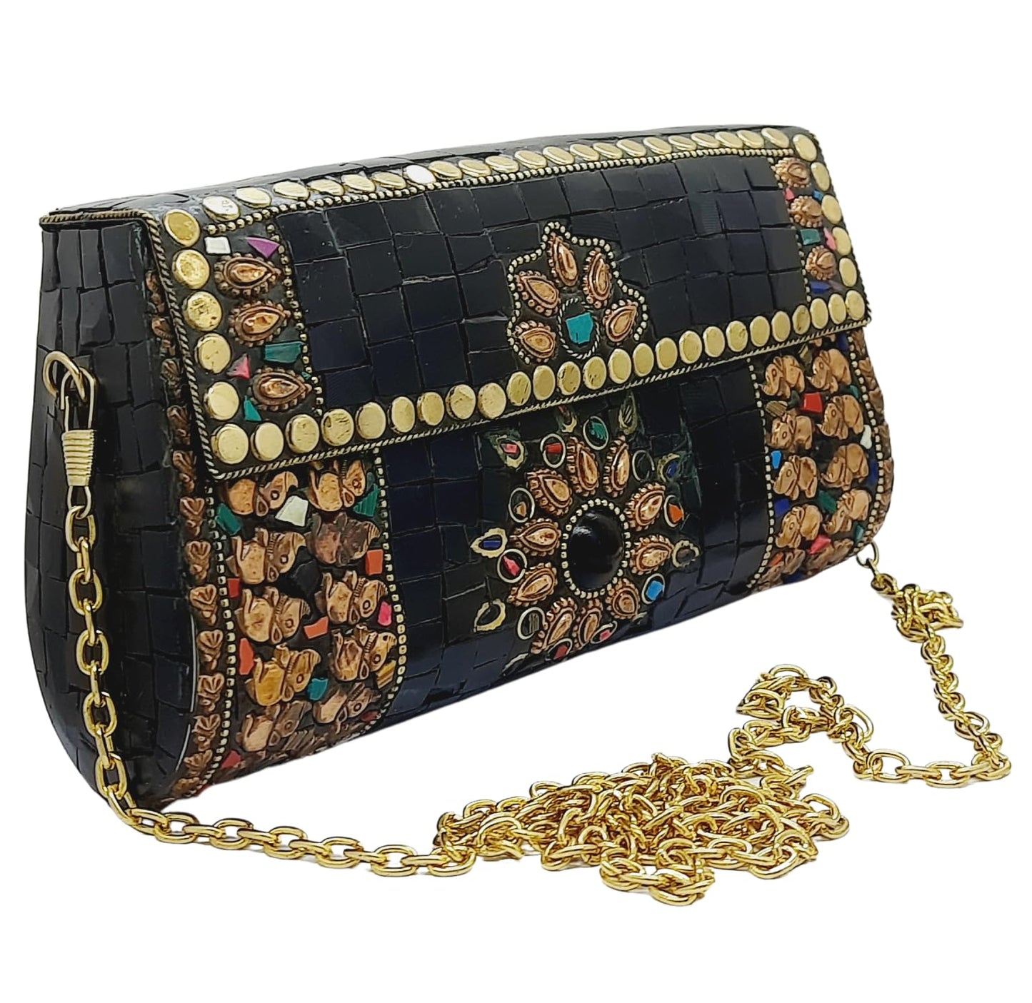 Trend Overseas Handmade mosaic metal bag Stone Ethnic Indian Women/Girls Bridal metal clutch party sling bag