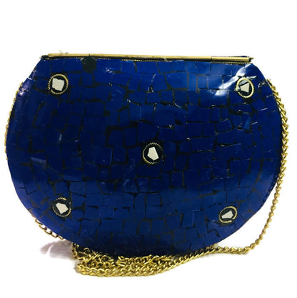 Trend Overseas Blue stone mosaic metal bag antique ethnic clutch indian antique purse party clutch women bag