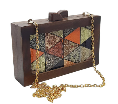 Trend Overseas Women's Wooden Printed Rectangle Ethnic Clutch Bag/Bridal Purse/Handbag_Crossbody Sling Bags Detachable Chain for Bridal, Party Bag