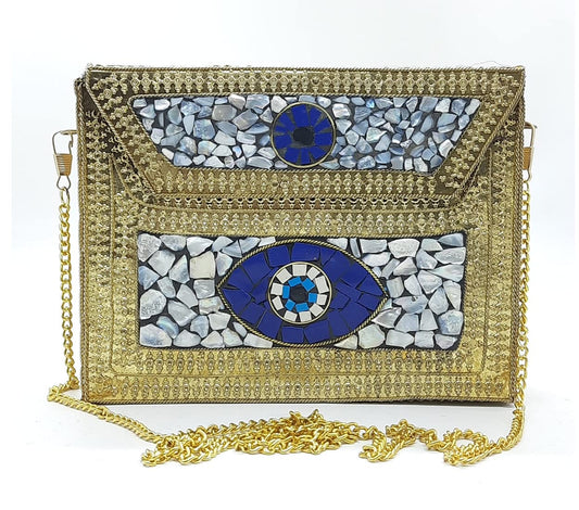 Trend Overseas Women's Golden shell nacre stone bag ethnic Metal clutch