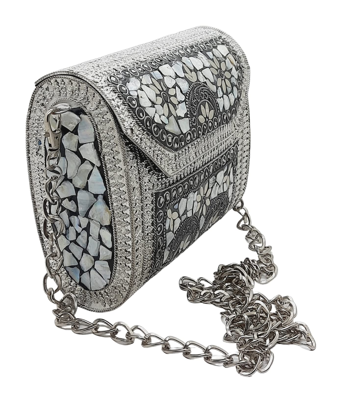 Trend Overseas Antique Indian Handmade Square mosaic metal bag Women/Girls Bridal metal clutch party sling bag