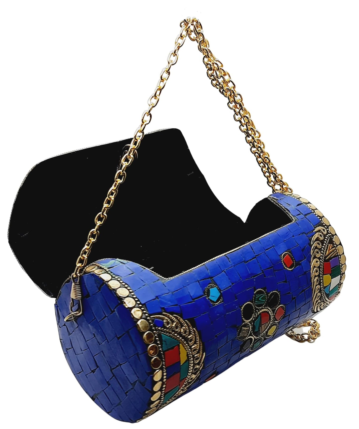 Trend Overseas Handmade Mosaic Multi color Stone Clutch Cylindrical Round Ethnic bag Antique Bridal Sling Bag Crossbody Bag