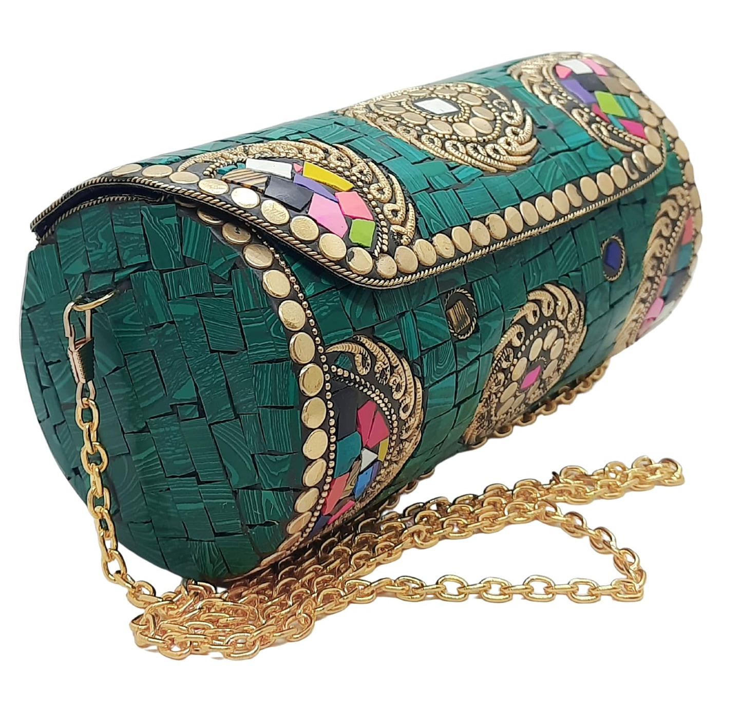 Trend Overseas Handmade Mosaic Multi color Stone Clutch Cylindrical Round Ethnic bag Antique Bridal Sling Bag Crossbody Bag