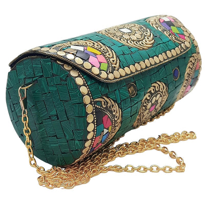 Trend Overseas Handmade Mosaic Multi color Stone Clutch Cylindrical Round Ethnic bag Antique Bridal Sling Bag Crossbody Bag