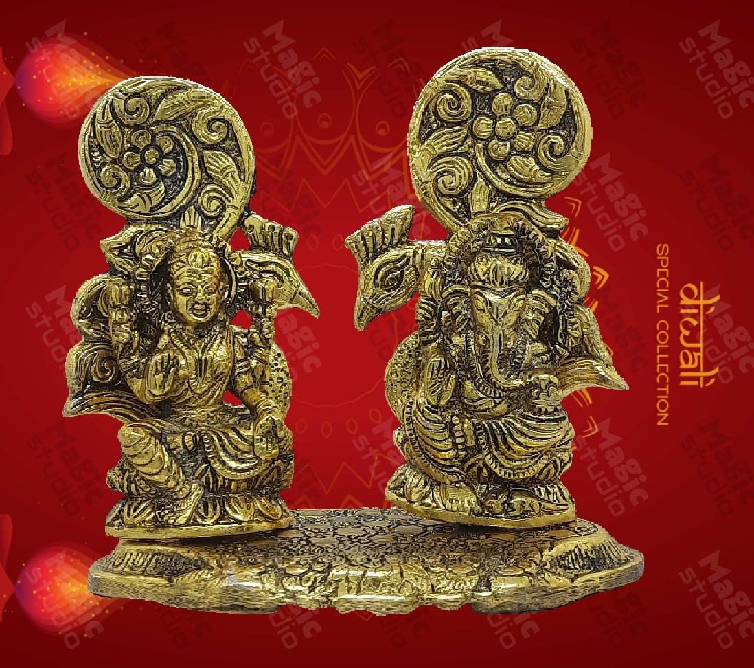 Trend Overseas Antique Golden Metal Laxmi Ganesh Murti Idol Metal Lakshmi Ganesha Showpiece Statue for Diwali Puja Homedecor